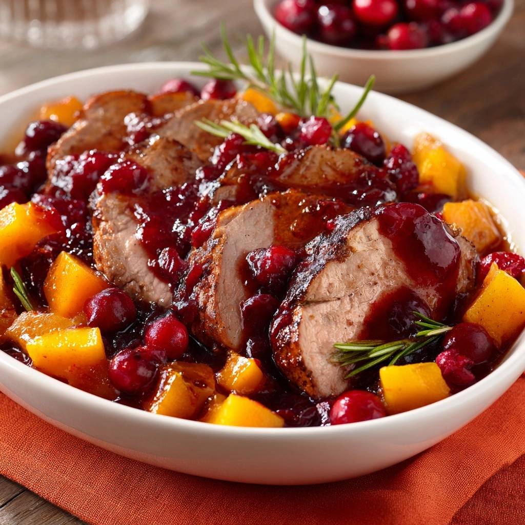 Rindfleisch Mit Cranberry Aprikosen Soe Angeschnitten 1 Saftiges Rindfleisch mit Cranberry-Aprikosen-Soße, angeschnitten und mit Soße übergossen, serviert mit Früchten.