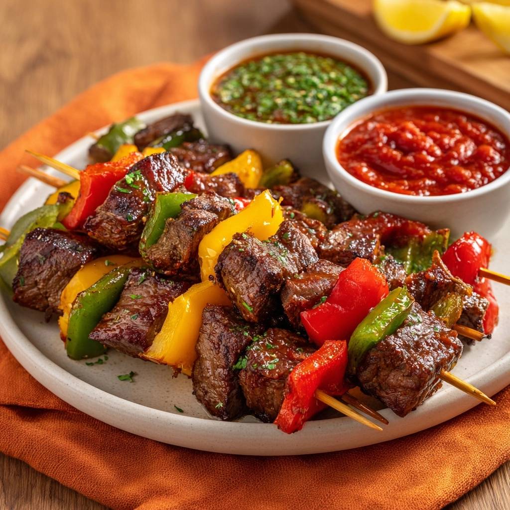 Saftige Rindfleisch-Paprika-Spieße mit zwei verschiedenen Dips auf einem Teller serviert