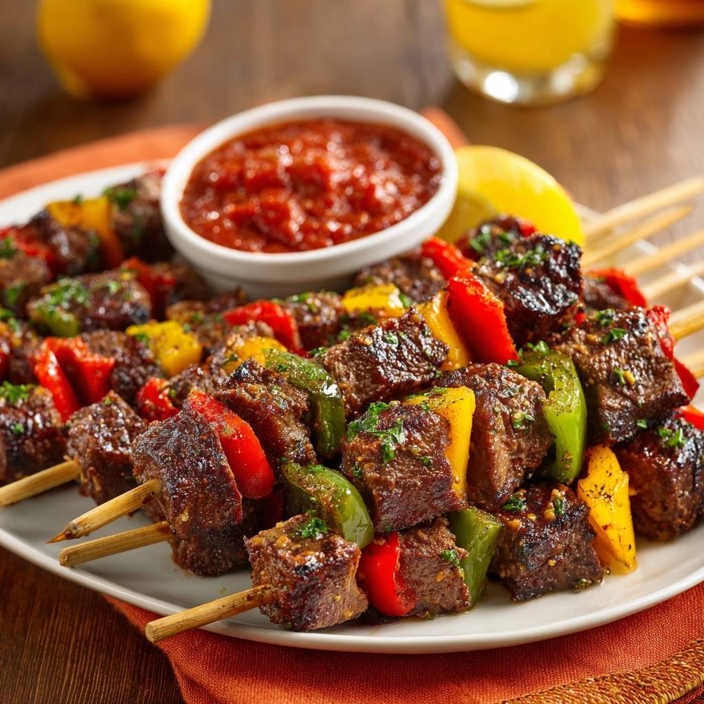 Saftige Rindfleisch-Paprika-Spieße, nah aufgenommen und auf einem Teller mit Dip serviert, zeigen gegrilltes Fleisch und Gemüse.