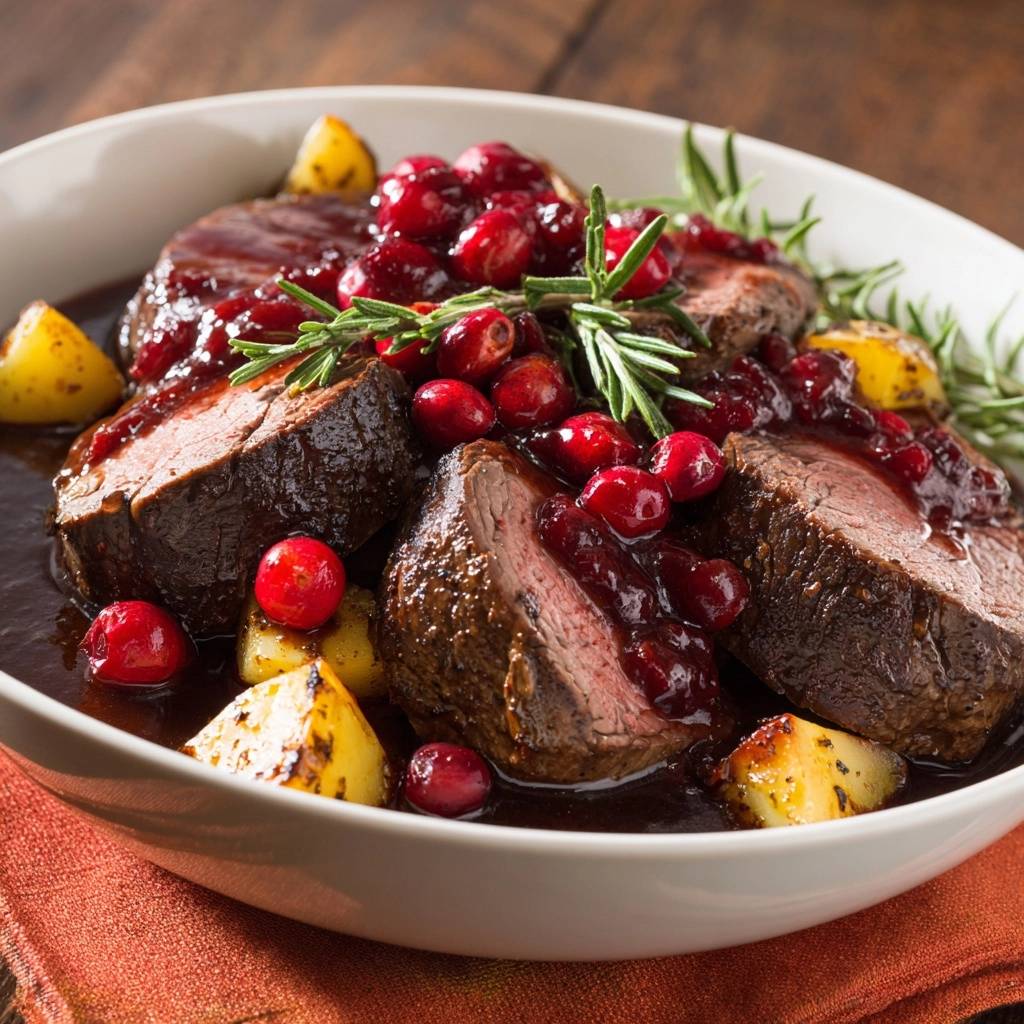 Saftiges Rindfleisch mit Preiselbeersoße und Rosmarinkartoffeln, angeschnitten und mit frischen Preiselbeeren garniert
