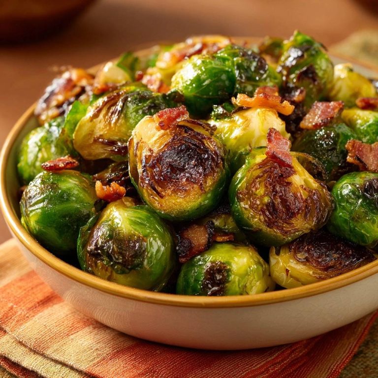 Knuspriger Rosenkohl mit Bacon, eine Nahaufnahme der gerösteten Röschen mit sichtbaren Speckstückchen.