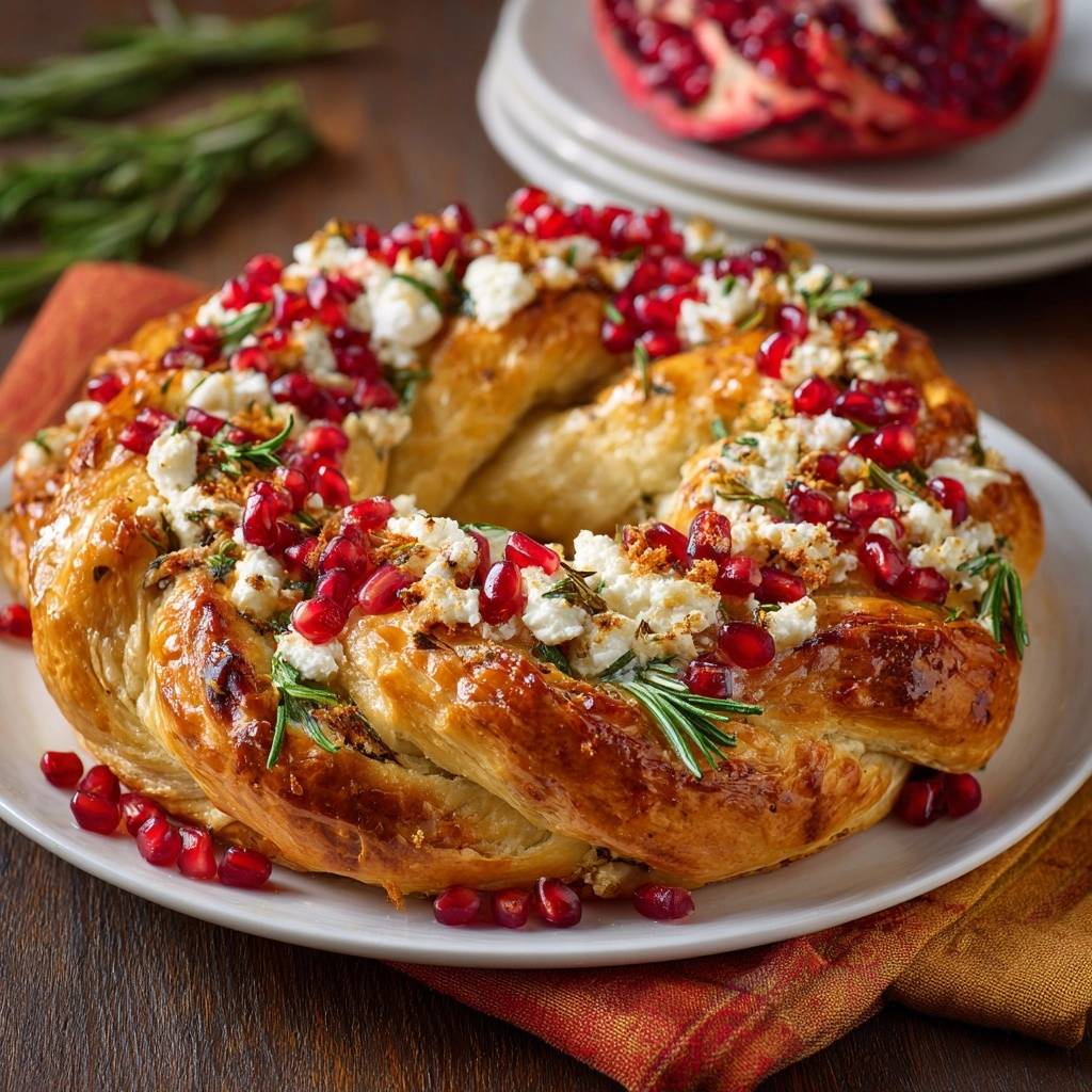 Rosmarin Feta Brotkranz Garniert 1 Festlicher Rosmarin-Feta-Brotkranz mit Granatapfel, garniert mit frischem Rosmarin und zerbröckeltem Feta.