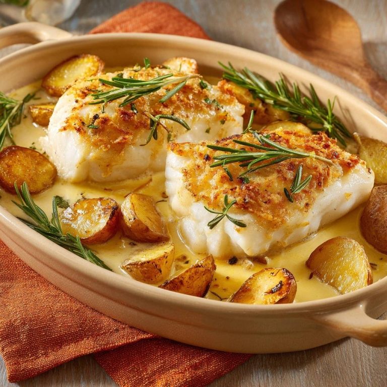 Saftiger Rosmarin-Fisch mit Kruste und Kartoffeln, serviert in einer Auflaufform mit Rosmarinzweigen garniert