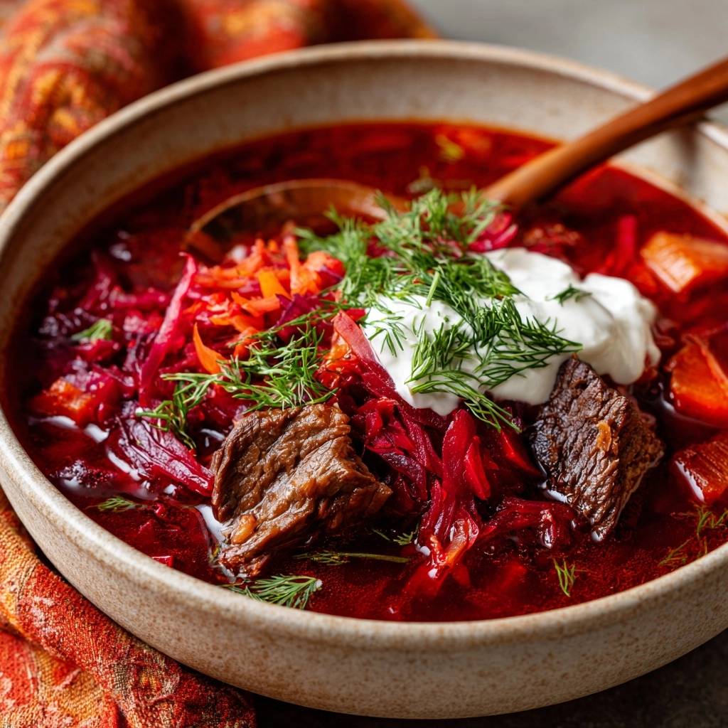 Russischer Borschtsch mit Rindfleisch, Roter Bete und Dill, appetitlich in einer Schüssel serviert.