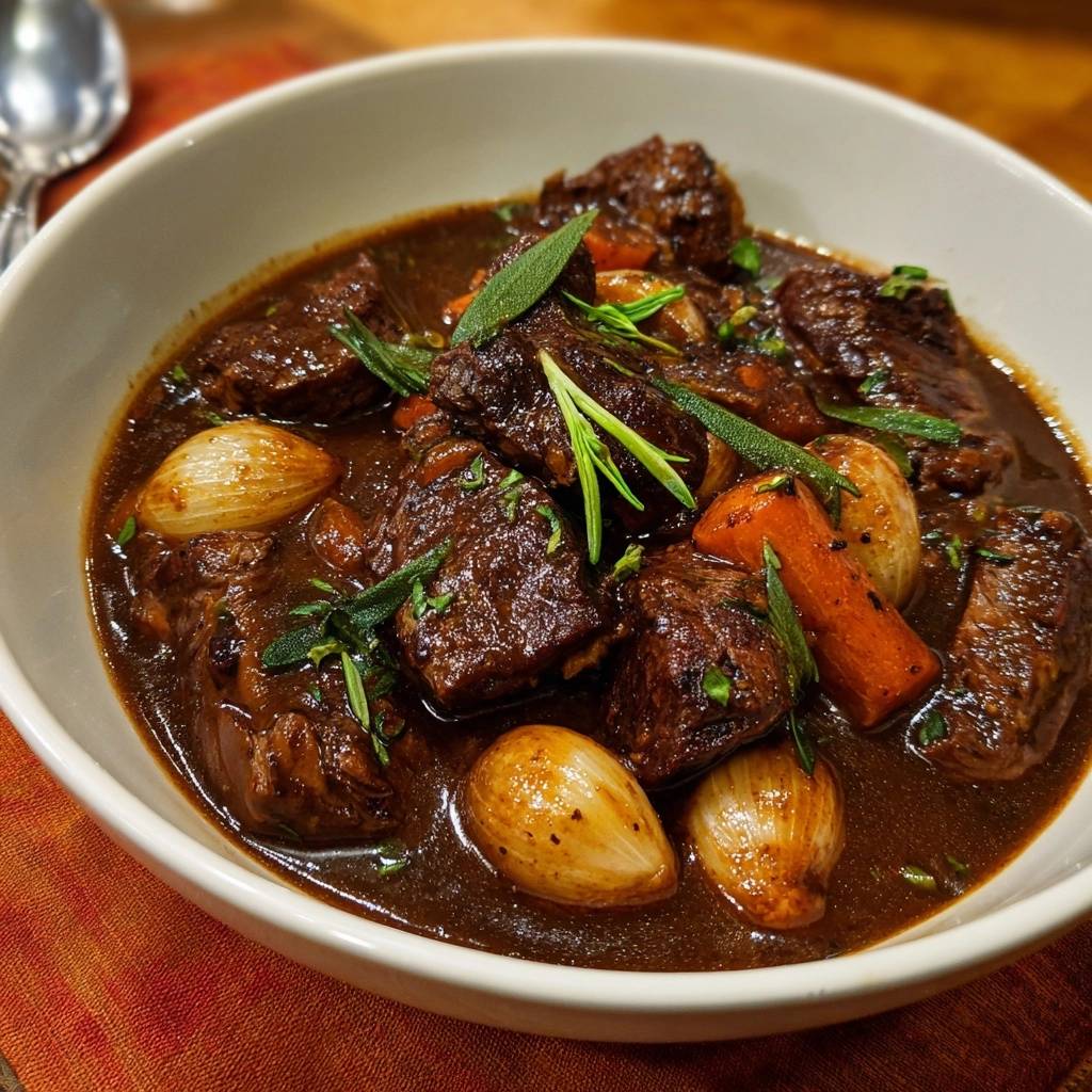 Rustikales Rindfleischragout Mit Karotten Perlzwiebeln Nahau 1 Rustikales Rindfleischragout mit Karotten und Perlzwiebeln, eine Nahaufnahme mit frischen Kräutern garniert.
