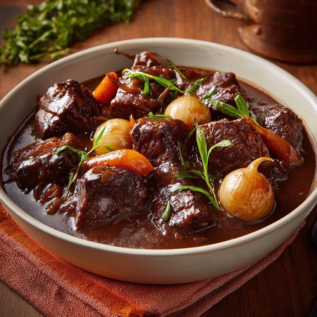 Rustikales Rindfleischragout mit Karotten und Perlzwiebeln, Nahaufnahme der saftigen Fleischstücke und des geschmacksintensiven Suds.