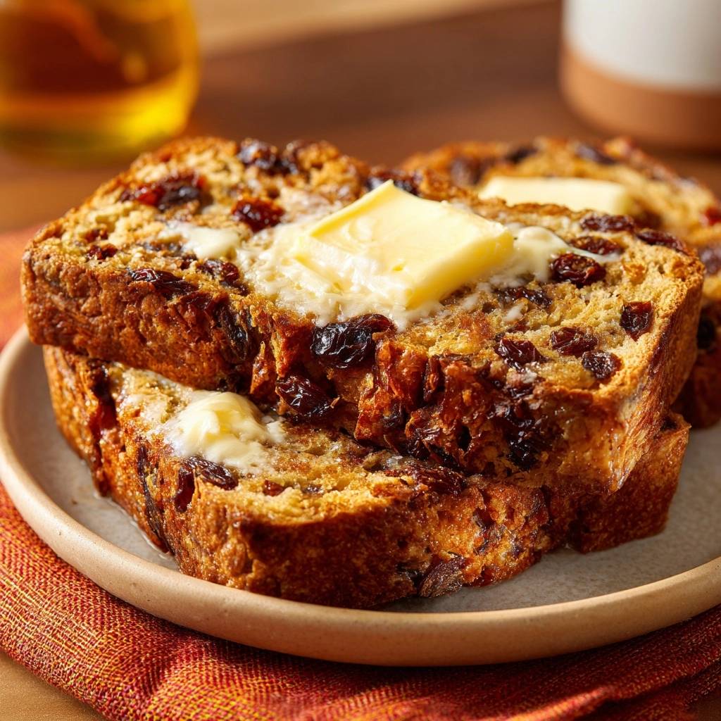 Rustikales Rosinen-Aprikosen-Brot angeschnitten mit Butter auf einem Teller, zeigt die saftige Krume und Rosinen.
