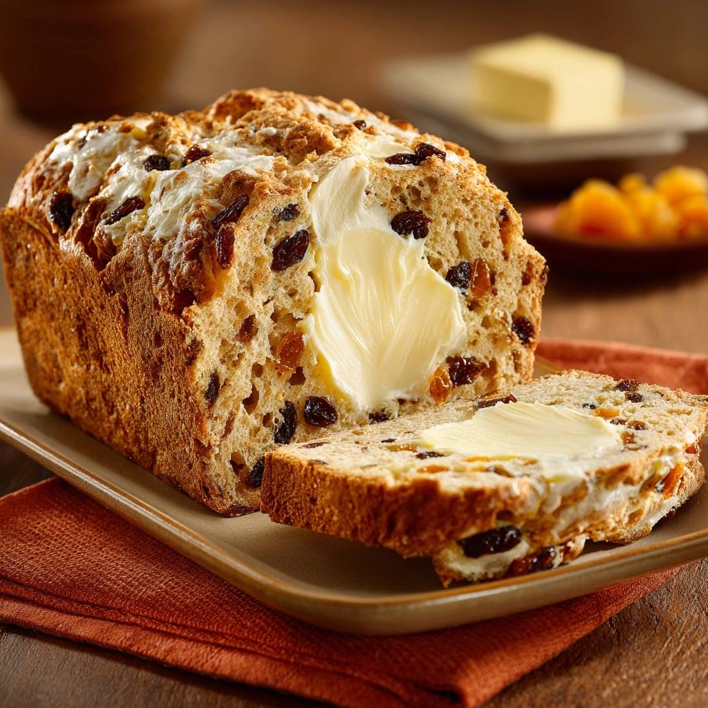 Rustikales Rosinen-Aprikosen-Brot angeschnitten und mit Butter bestrichen, auf einem Teller serviert.