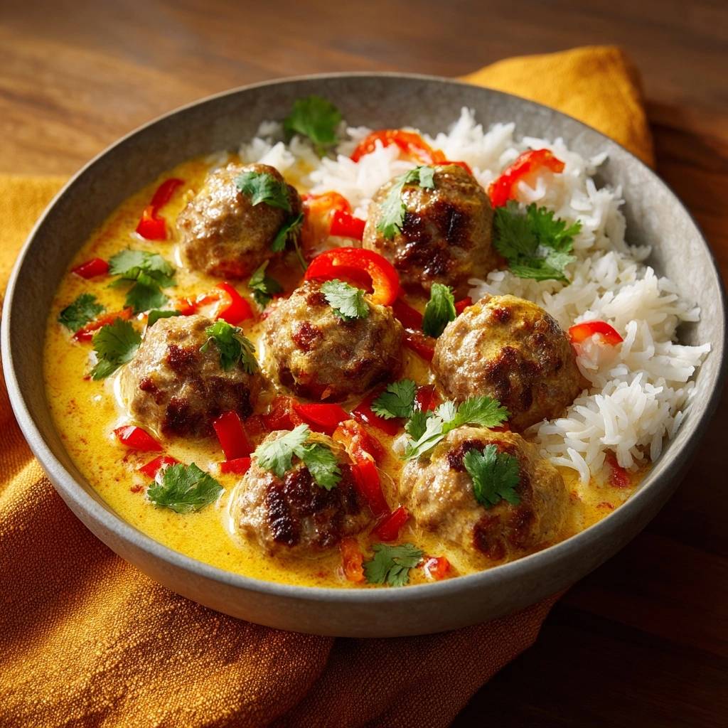 Saftige Fleischbllchen Thai Curry Bowl Garniert 1 Saftige Fleischbällchen im Thai-Curry serviert mit Reis und garniert mit frischem Koriander und roten Paprikastreifen.