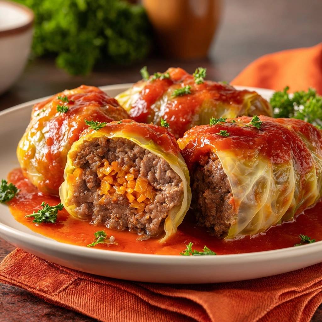 Saftige Hack-Kohlrouladen in Tomatensoße, eine Kohlroulade angeschnitten, die das Innere mit Hackfleisch und Karotten zeigt.