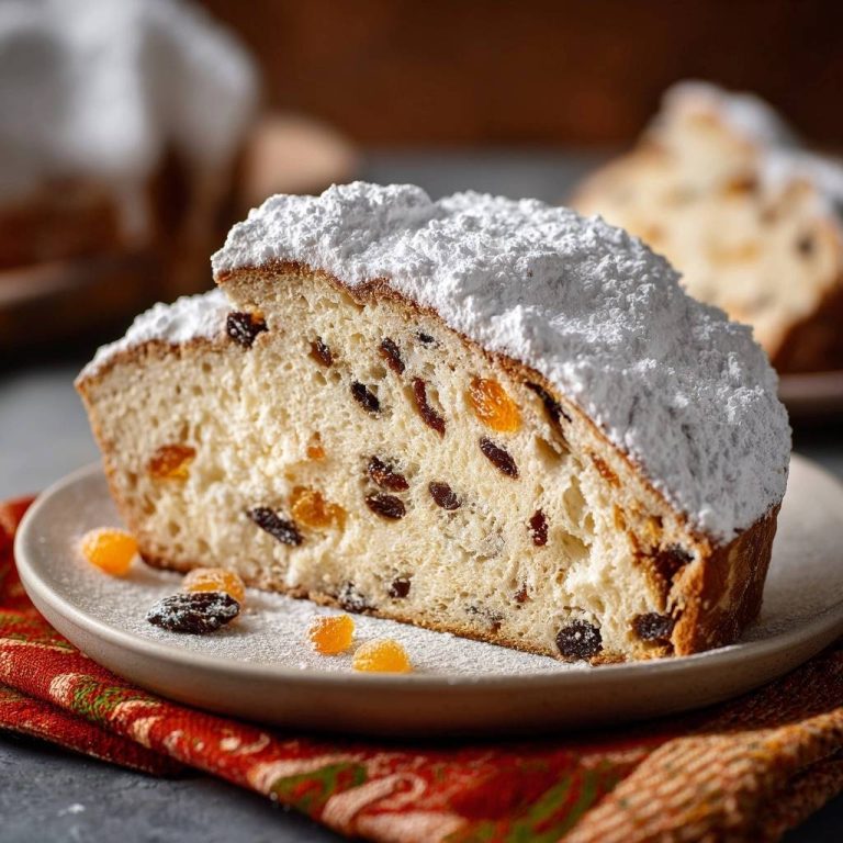 Saftiger Christstollen angeschnitten mit Puderzucker und getrockneten Früchten, auf einem Teller serviert.
