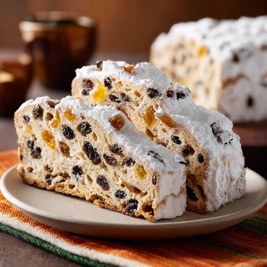 Saftiger Christstollen Angeschnitten Teller 1 Saftiger Christstollen angeschnitten auf einem Teller, mit Rosinen und Kandierten Früchten im Teig und Puderzucker bestreut.