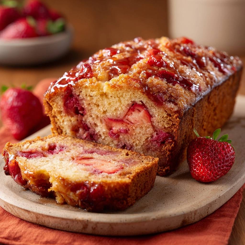 Saftiger Erdbeerkuchen Angeschnitten Mit Ganzen Erdbeeren 1 Saftiger Erdbeerkuchen angeschnitten, mit ganzen Erdbeeren im Teig und glasiertem Topping, Nahaufnahme des Kuchens.