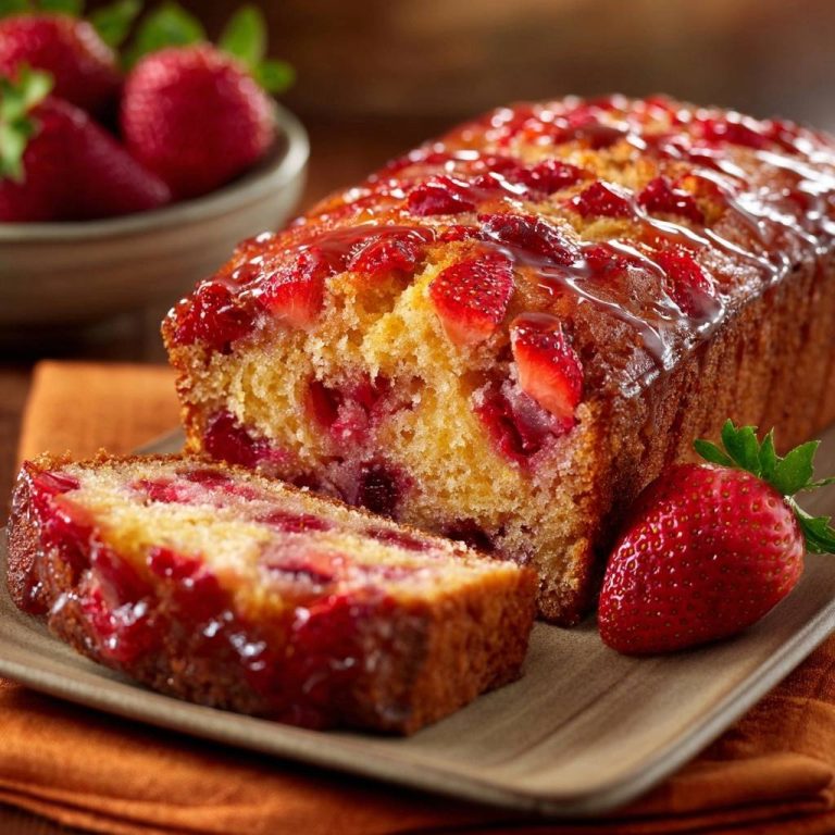 Saftiger Erdbeerkuchen angeschnitten mit glänzender Erdbeerglasur und frischen Erdbeeren, zeigt das saftige Innere.