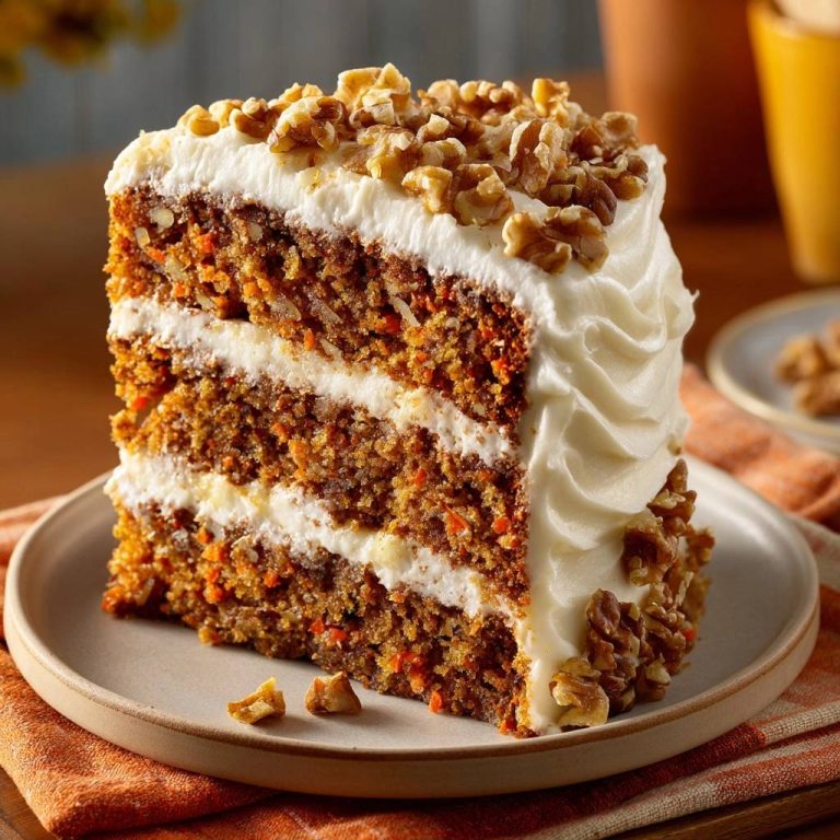 Saftiger Karottenkuchen mit Walnüssen und Frischkäse-Frosting, angeschnittene Scheibe mit Schichten und Nüssen obendrauf.