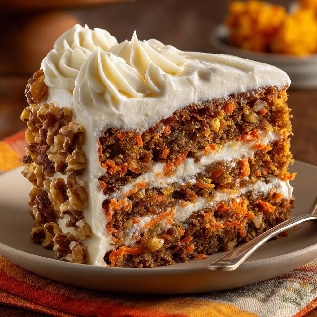 Saftiger Karottenkuchen mit Walnüssen und Frischkäse-Frosting, im Anschnitt mit Schichten von Kuchen und Frosting, garniert mit Walnüssen.
