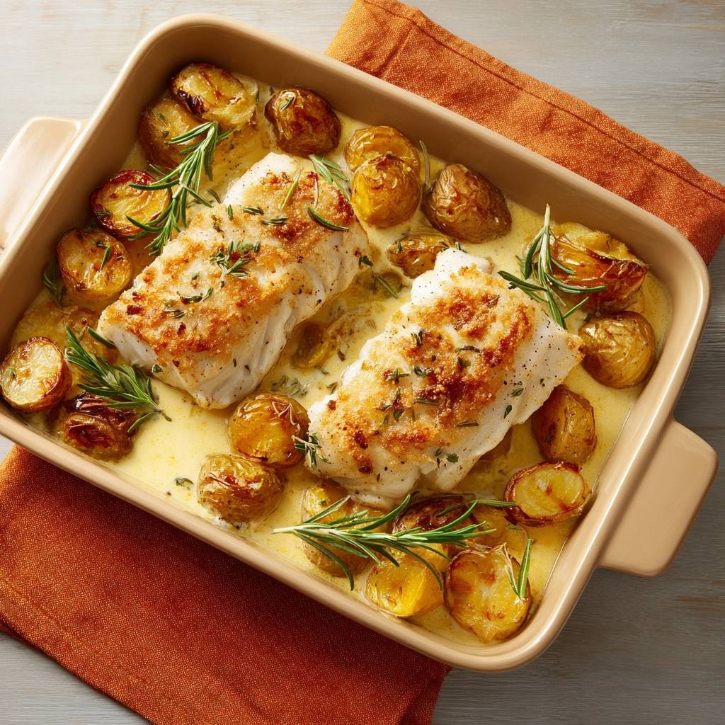 Saftiger Rosmarin Fisch Mit Kruste Kartoffeln Im Backblech 1 Saftiger Rosmarin-Fisch mit Kruste und Kartoffeln im Backblech, serviert mit goldbraunen Kartoffeln und Kräutern.
