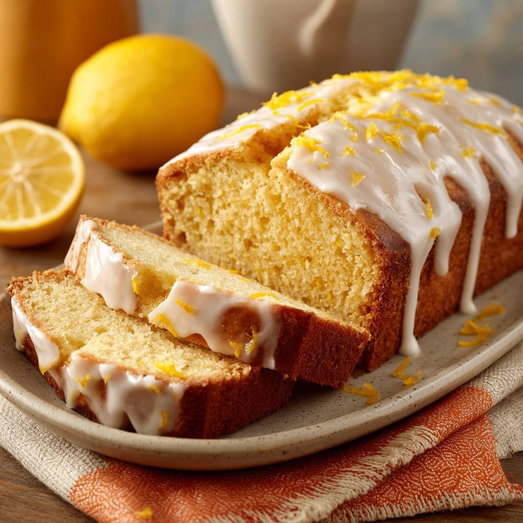 Saftiger Zitronen-Laibkuchen angeschnitten auf einer Platte, mit Zuckerguss und Zitronenschale garniert, zeigt die feine Krume.