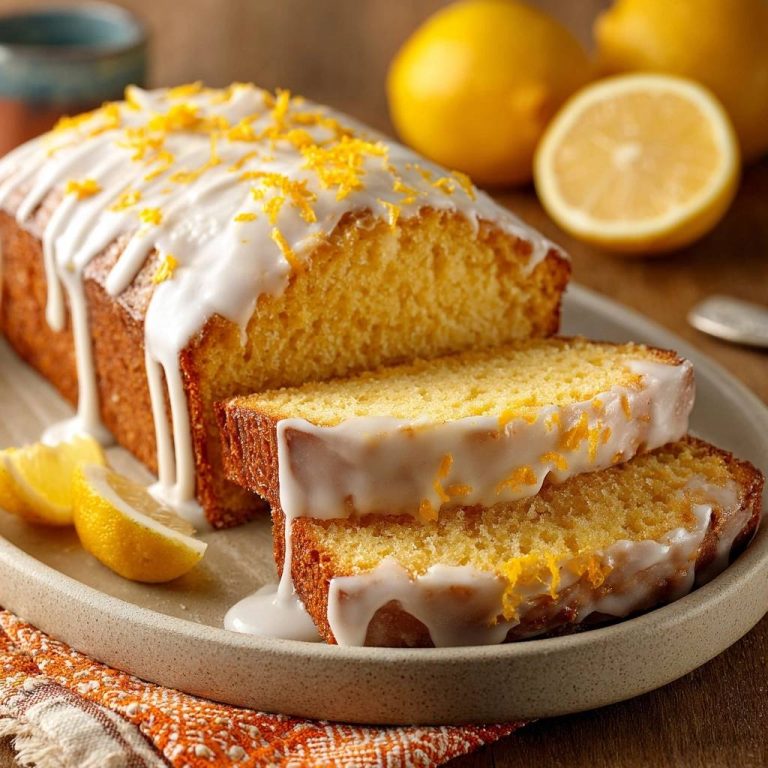 Saftiger Zitronen-Laibkuchen angeschnitten mit zarter Zitronenglasur und Orangenzesten garniert auf einem Teller.