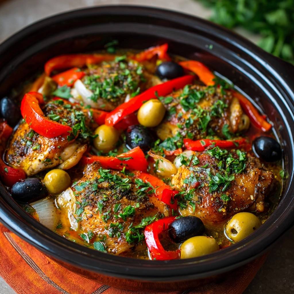 Saftiges Haenchen Mit Paprika Oliven Nahaufnahme 1 Saftiges Hähnchen mit Paprika, Oliven und Zwiebeln, nahaufnahme im Kochtopf mit frischer Petersilie garniert.