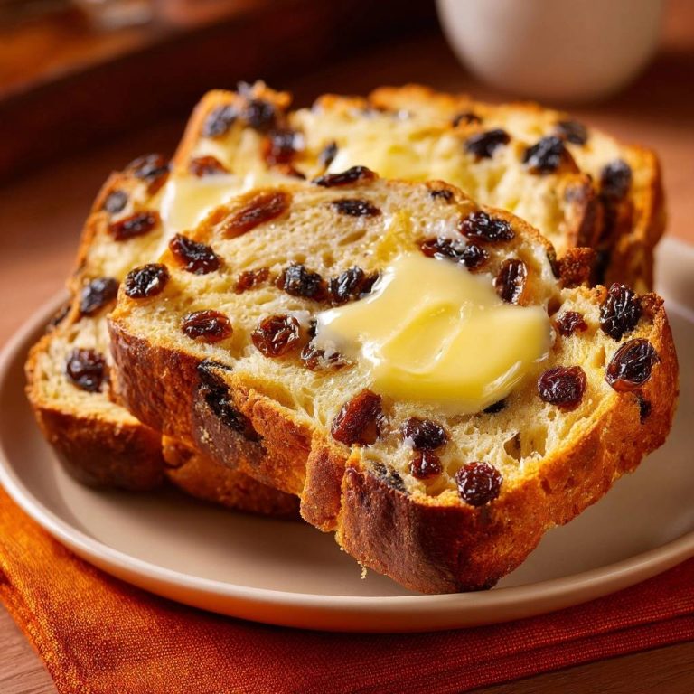 Saftiges Rosinenbrot angeschnitten mit Butter auf einem Teller, mit vielen Rosinen im Teig und einer glänzenden Butterflocke.