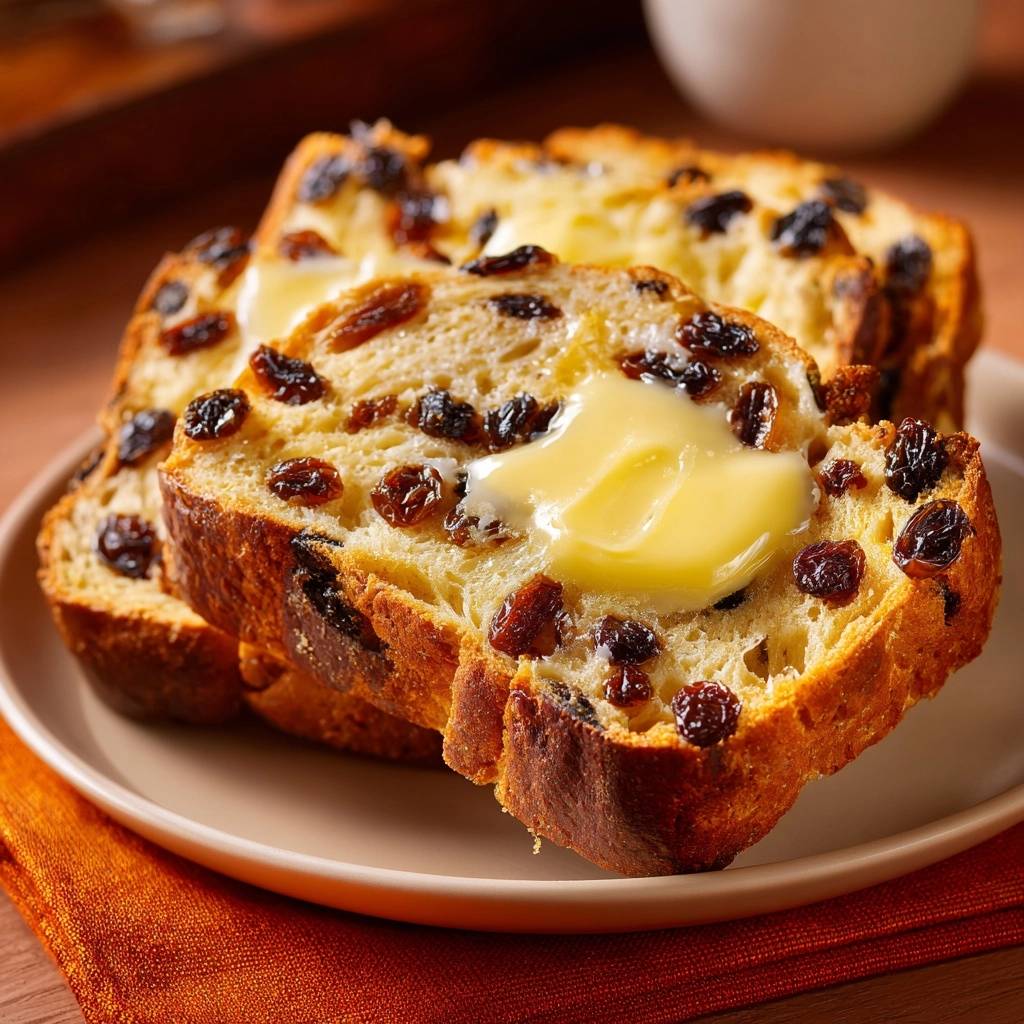 Saftiges Rosinenbrot angeschnitten mit Butter auf einem Teller, mit vielen Rosinen im Teig und einer glänzenden Butterflocke.