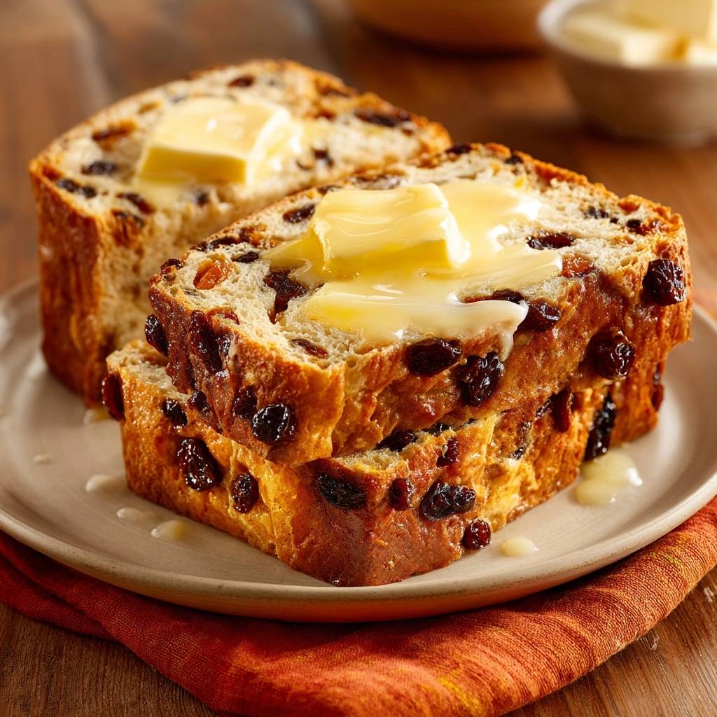 Saftiges Rosinenbrot Angestrichen Mit Butter 1 Saftiges Rosinenbrot mit einem Stück Butter, das auf der warmen Oberfläche schmilzt, auf einem Teller serviert.