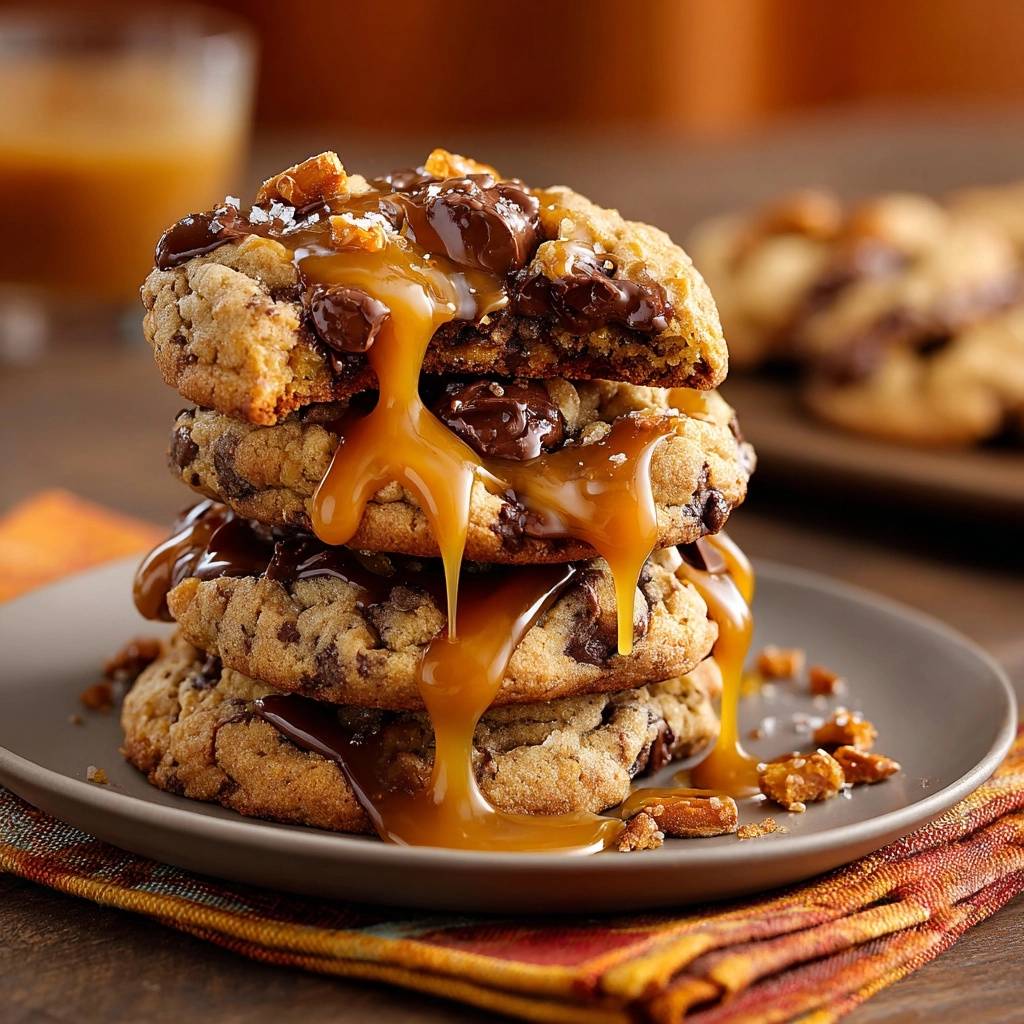 Salzig-Karamell-Schoko-Cookies, ein Stapel mit übergießendem Karamell, angeschnitten, um die Schokoladenstückchen und die Textur zu zeigen.
