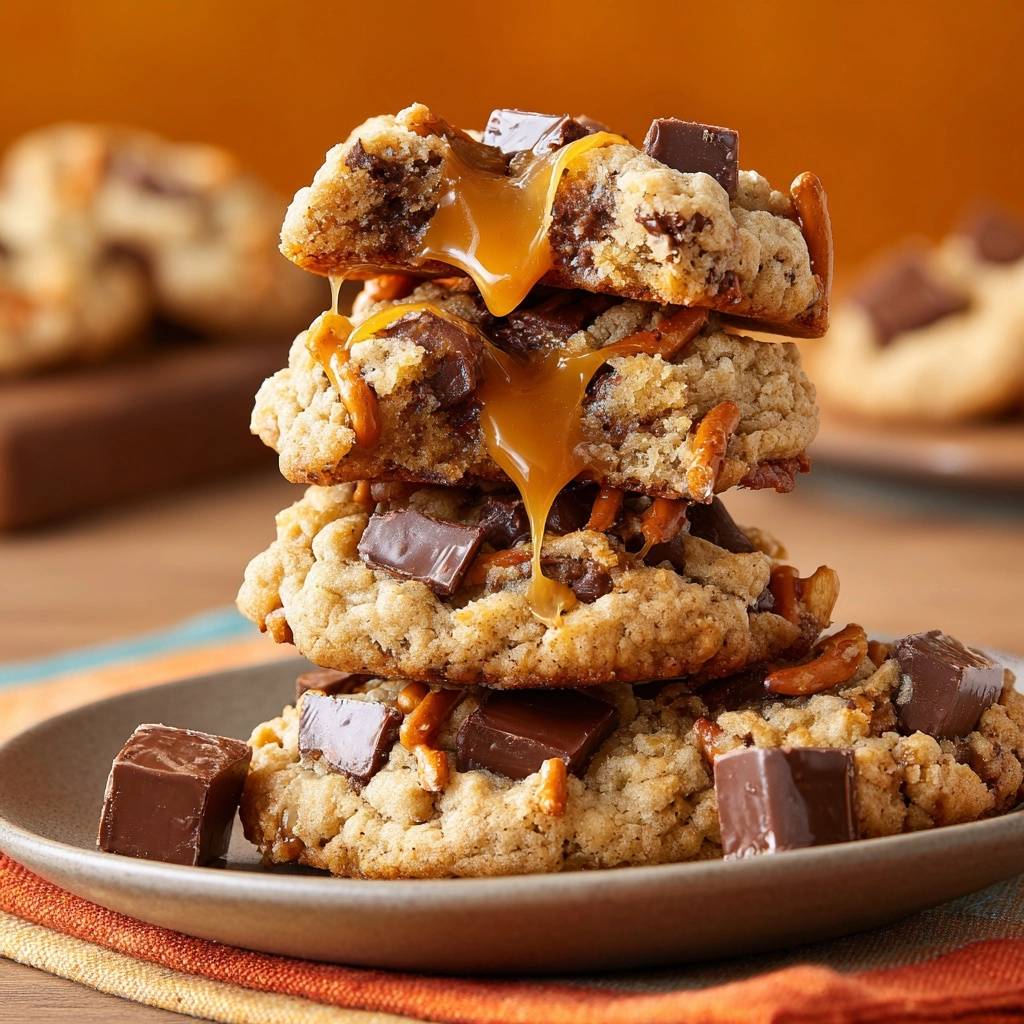 Salzig-Karamell-Schoko-Cookies gestapelt mit flüssigem Karamell und Schokoladenstücken, Nahaufnahme