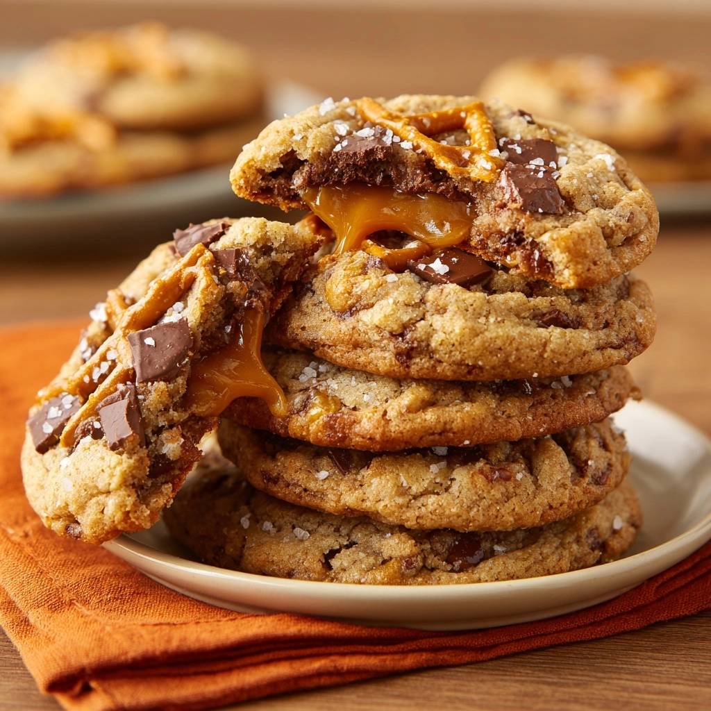 Salzige Pretzel-Karamell-Schoko-Cookies angeschnitten mit flüssigem Karamell und Schokostückchen