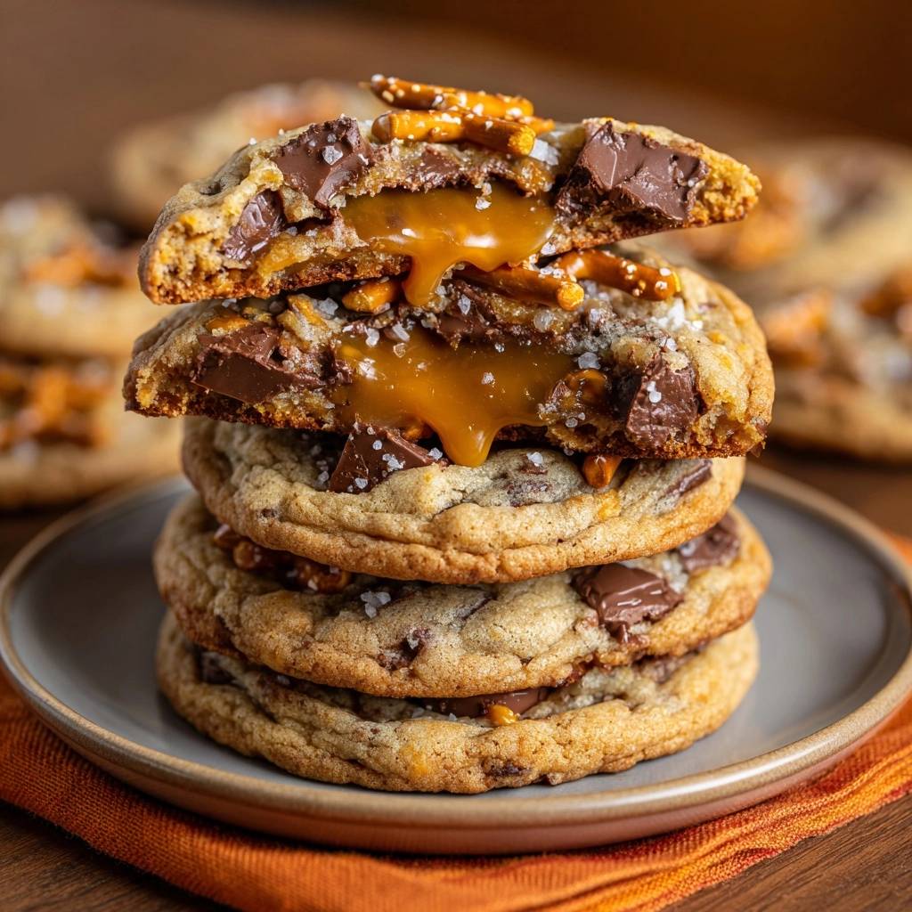 Salzige Pretzel-Karamell-Schoko-Cookies angeschnitten mit flüssigem Karamell und Schokoladenstückchen, Nahaufnahme