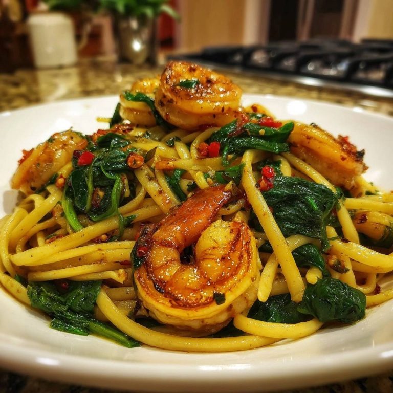 Scharfe Garnelen-Spinat-Spaghetti mit saftigen Garnelen in einer Nahaufnahme, die Textur und Details hervorhebt.