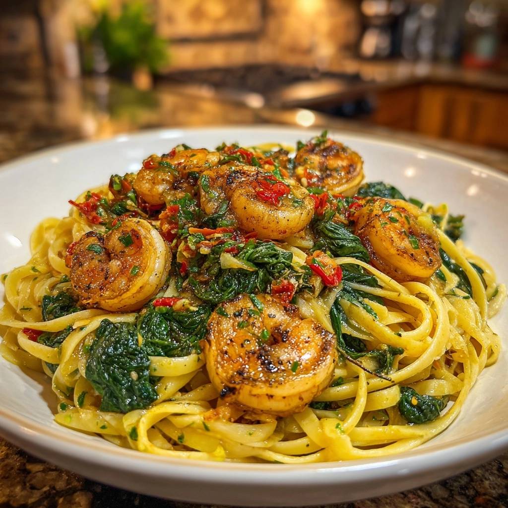 Scharfe Garnelen Spinat Spaghetti Naheinstellung Garnelen De 1 Scharfe Garnelen-Spinat-Spaghetti mit detailreicher Nahaufnahme der saftigen Garnelen auf Bandnudeln serviert.