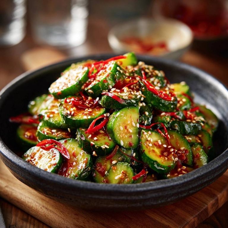 Scharfer Koreanischer Gurken-Salat als Nahaufnahme mit Sesam und Chili in einer Schüssel, knackig und frisch angerichtet.