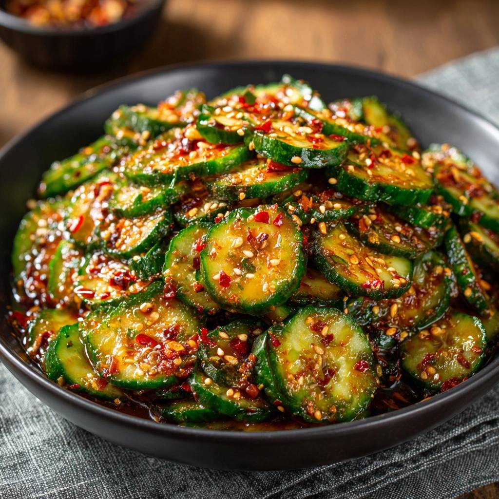 Scharfer Koreanischer Gurken Salat Nahaufnahme Wuerzig 1 Scharfer Koreanischer Gurken-Salat als Nahaufnahme, mit Chili-Flocken und Sesam bestreut und in einer würzigen Sauce mariniert.