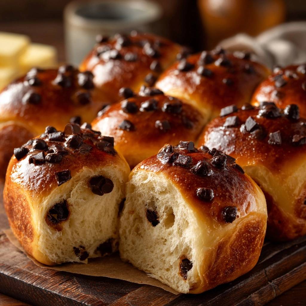 Fluffige Schoko-Chip-Brötchen angeschnitten, die innen mit zarten Schokoladenstückchen gefüllt sind.