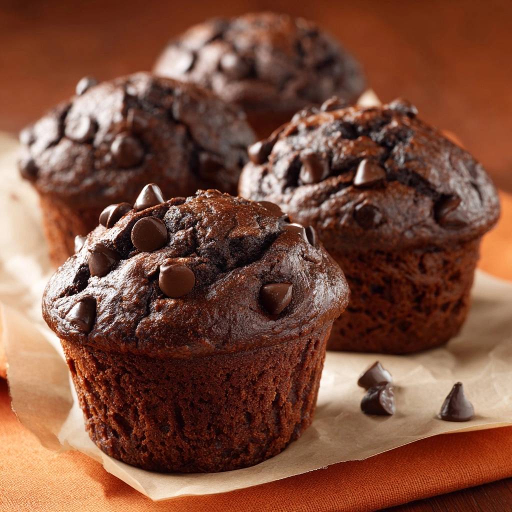 Schoko-Chips-Muffins, eine Nahaufnahme von vier fluffigen Muffins mit vielen Schokostückchen und einigen einzelnen Schokostückchen daneben.