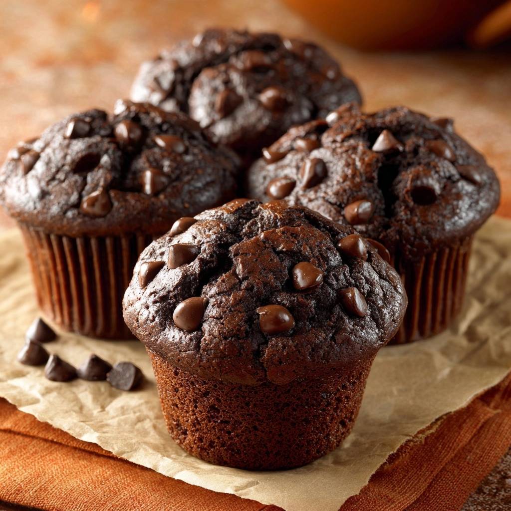 Schoko-Chips-Muffins mit vielen Schokoladenstückchen, Nahaufnahme mit Fokus auf die Textur und die Schokoladenspitzen.