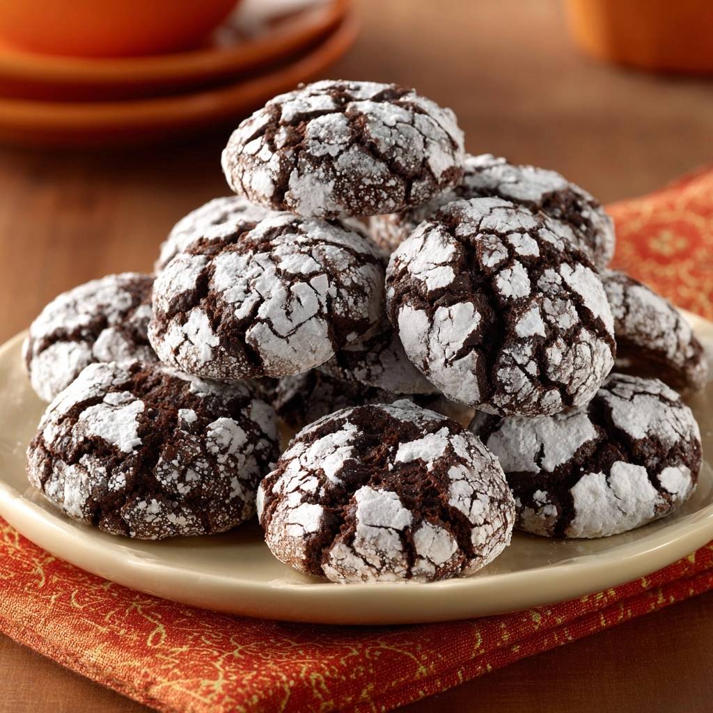 Schoko Crinkle Cookies Detailaufnahme Nah 1 Schoko-Crinkle-Cookies, die auf einem Teller gestapelt sind, mit Puderzucker bestäubt und mit feinen Rissen bedeckt, Nahaufnahme.