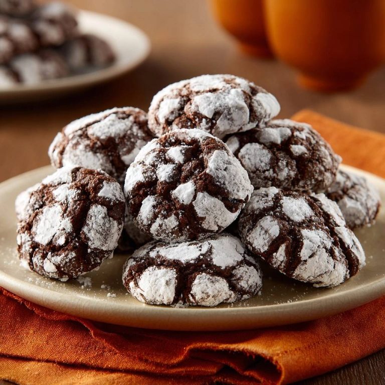 Schoko-Crinkle-Cookies mit Puderzucker auf einem Teller, Nahaufnahme der zarten, rissigen Oberfläche.