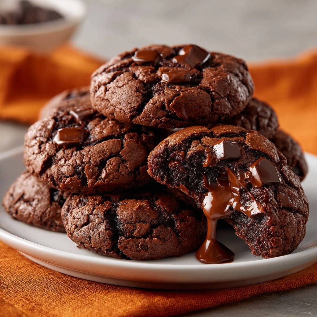 Schoko Lava Cookies Angeschnitten Mit Flssigem Kern 1 Schoko-Lava-Cookies: Angeschnittener Keks mit flüssigem Schokoladenkern und geschmolzenen Stückchen.