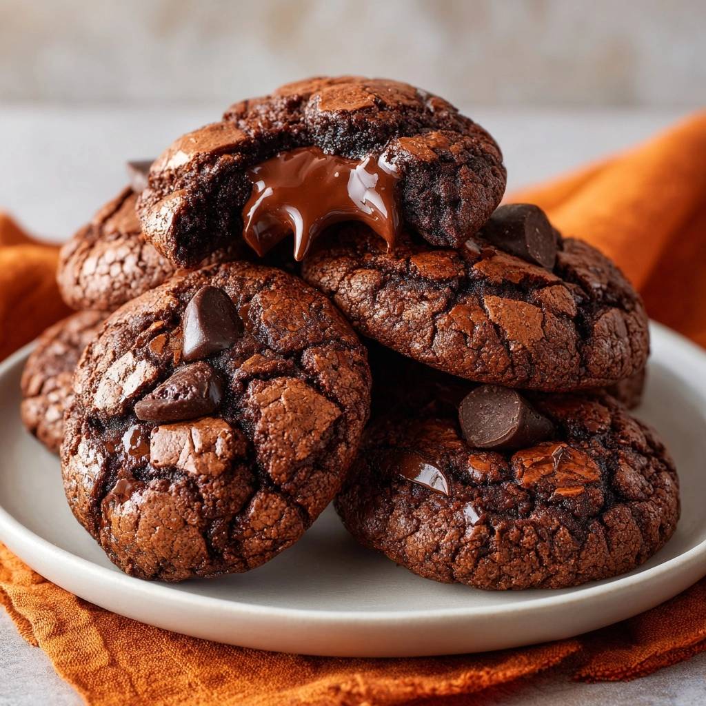 Schoko-Lava-Cookies: Ein Cookie zeigt seinen flüssigen Schokoladenkern, umgeben von weiteren Keksen.