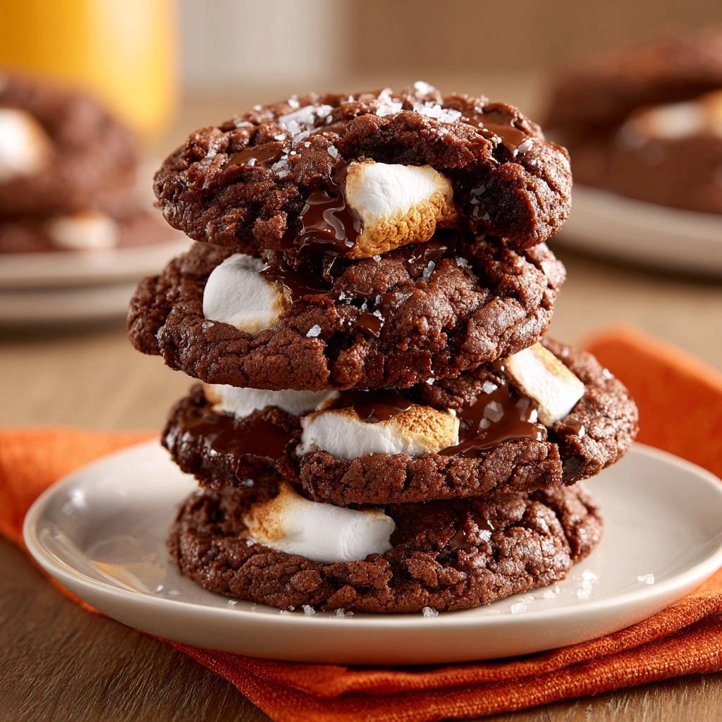Schoko-Marshmallow-Cookies mit Meersalz – ein Stapel der unwiderstehlichen Kekse mit geschmolzenem Marshmallow und Schokolade.