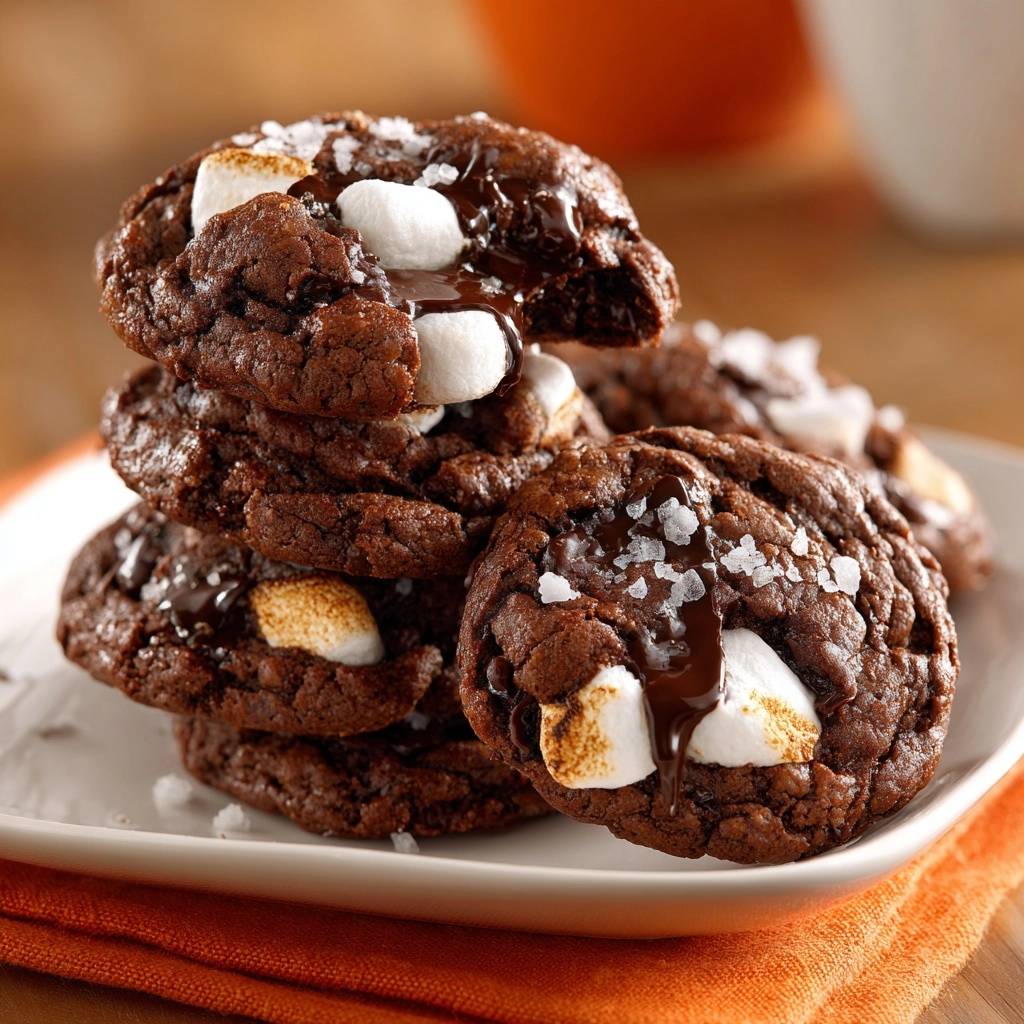 Schoko-Marshmallow-Cookies mit Meersalz, gestapelt auf einem Teller, Nahaufnahme mit geschmolzenen Marshmallows und Schokoladenglasur.