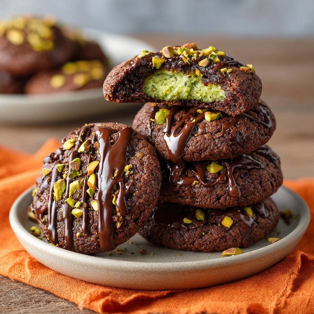 Schokoladen Pistazien Cookies Angeschnitten 1 Schokoladen-Pistazien-Cookies angeschnitten mit grüner Füllung und Pistazien, ein aufgeschlagener Keks zeigt das Innere.