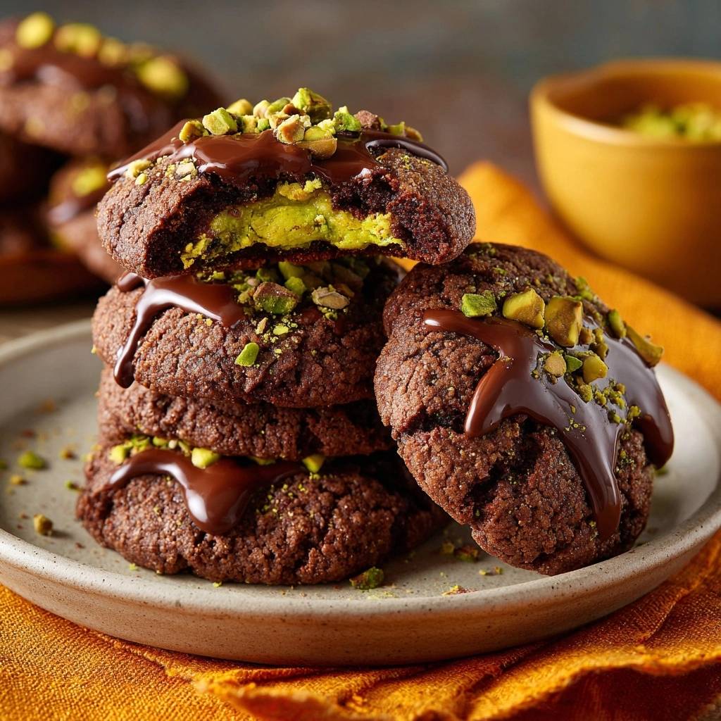 Schokoladen-Pistazien-Cookies angeschnitten, die eine grüne Pistazienfüllung und Schokoladenglasur zeigen.