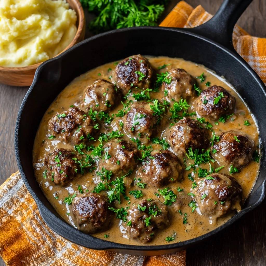 Schwedische Fleischbaellchen In Pfanne Garniert 1 Schwedische Fleischbällchen in cremiger Soße mit Kartoffelbrei, nahaufnahme der in einer Gusseisenpfanne servierten Fleischbällchen, garniert mit frischer Petersilie.