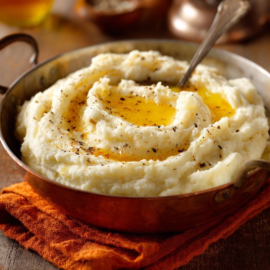 Seidig Cremiger Kartoffelbrei Detail Butter Ei 1 Seidig-cremiger Kartoffelbrei mit Eigelb und Butter, detailreiche Nahaufnahme des geschmolzenen Fetts und der Gewürze