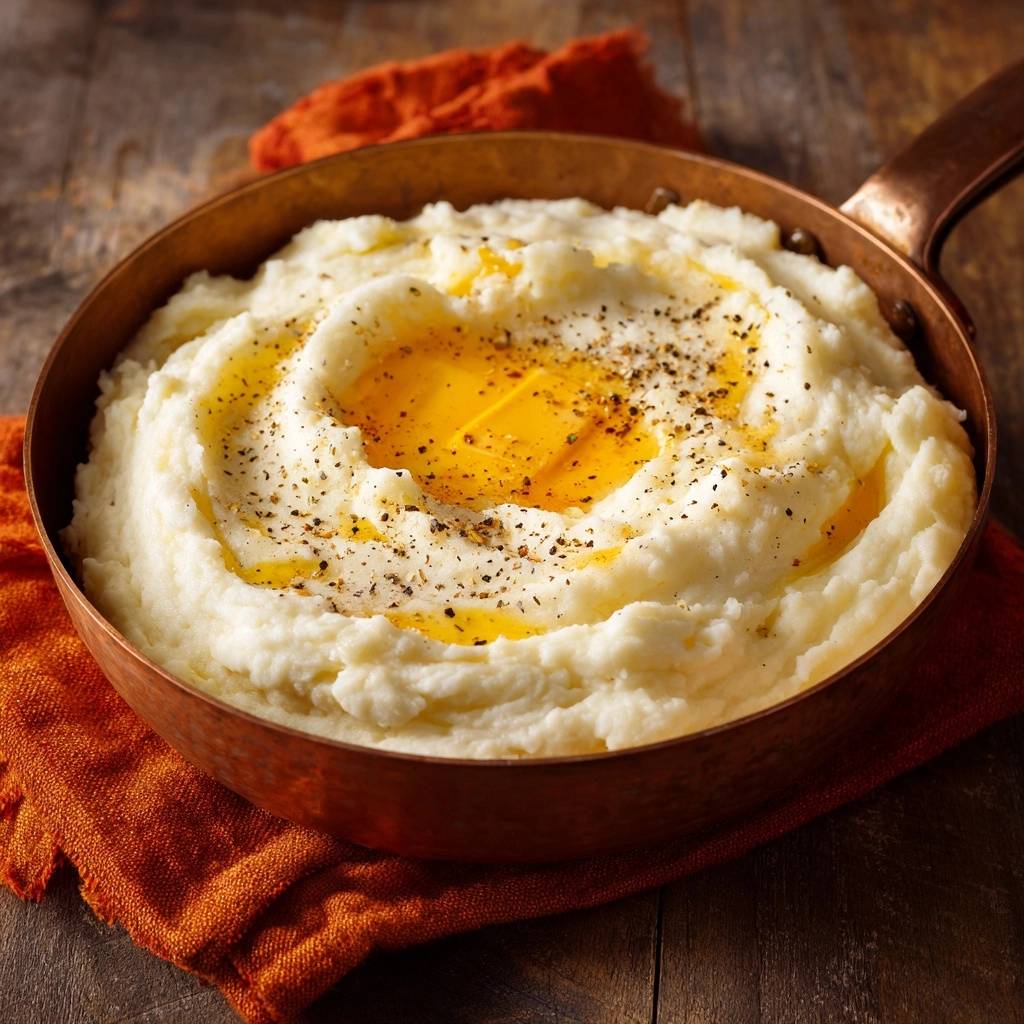 Seidig-cremiger Kartoffelbrei mit Eigelb und Butter, mit schwarzem Pfeffer bestreut und in einer Kupferpfanne serviert.