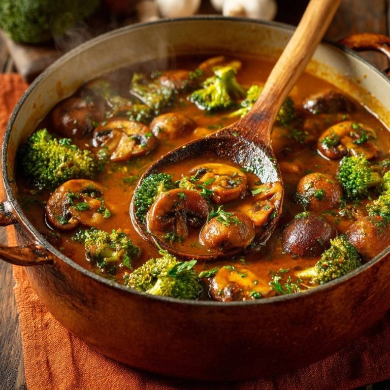 Sämiger Brokkoli-Pilz-Eintopf mit Pilzen und Brokkoli auf einem Holzkochlöffel in der Nahaufnahme.